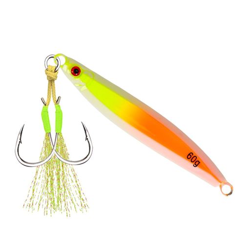 Rakuten - Tolureジグルアー60g3D目急速に沈む夜光ジギングルアー海釣り青物ブリハタシーバス根魚アジ不規則形状ジギングフック付き1個/パック(黄色とオレンジ)