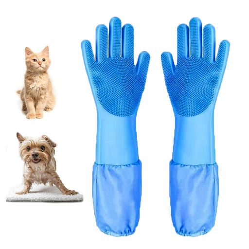 [LenKeda]犬シャンプーブラシ猫ブラシ手袋犬シャンプー泡立て器ペット用シリコーン手袋、ブルー、長さ44cmの延長加厚家事用、ソフトシリコ、泡立て器、犬用マッサー、ペットバス用品、…