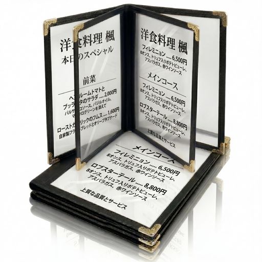 Rakuten - A4サイズのメニューカバー2枚、4ページ、8ビュー、透明なレストランメニューカバー、A4サイズの紙、バー、カフェ、レストランブック、黒のフォルダーに適しています