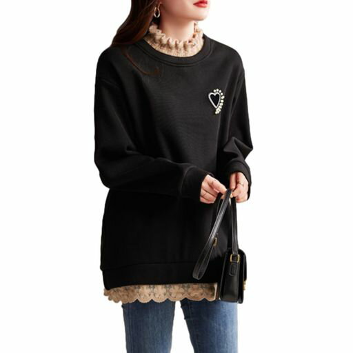 [CCGGOWMM]パーカーレディーストレーナーハイネック長袖レース切り替えトップスフリルネックアウタープルオーバー裹起毛重ね着風体型カバーゆったりカジュアルファッション大きいサイ…