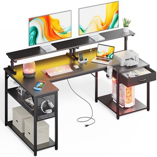 DOMICONゲーミングデスク幅183cm引き出し付きコンセント付き棚収納L字デスクパソコンデスクPCデスクcom..