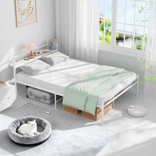 【宮棚・2口コンセント】ベッドフレームセミダブルHoldmパイプベッド耐荷重300Kgべっどふれーむせみだぶる床下収納高さ30cmスチールベッドフレーム(ホワイトセミダブル)