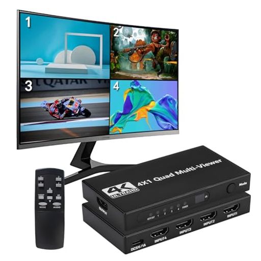 【HDMI 4x1クアッドマルチビューアー】本 HDMI4x1 画面分割切替器は、4 系統の HD 画面分割出力に対応した高性能モデルです。操作方法は柔軟で、本体ボタンと IR リモコンによる切り替えが可能です。設置が簡単で実用性・安定性に優れ、パソコンや HDD レコーダーなどに対応。業務用プロジェクトや会議場など、さまざまな場所でご使用いただけます。 【4K@30Hz 高解像度】最高4K@30Hzおよび1080P@60HzのHDMI出力解像度、4K@30Hz(RGB)の最高解像度をサポートし、製品初使用時のマルチ画面モードの平均画面は4画面です。信号が入力されていない場合、画面にレインボーバー が表示されます。(▲ご注意:RGB形式は4K@30Hz(3840x2160@30Hz)のみをサポートします。) 【音声同期切り替え】14 系統の HDMI 信号切り替えに対応。4HD デジタルビデオ信号を同一画面に表示可能で、さまざまな画面分割パターンに対応し、4 系統の HD 入力信号を同期切り替えできます。2リモコンの【Audio】ボタンで、音声同期の切り替えを実現します。