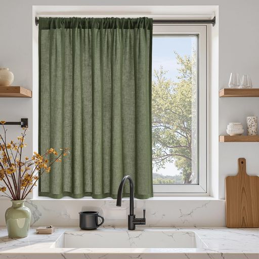 Topfinelカフェカーテンレース麻風カーテンレース小窓60cm丈オリーブグリーン1枚透けない外から見えにくい目隠し半遮光断熱UVカット通気洗えるキッチンリビングトイレ玄関