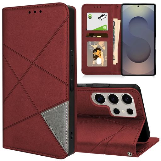 Rakuten - LONGINTIANForGalaxyS25Ultra用ケース手帳型カード収納財布型カバーギャラクシーS25Ultra用耐衝撃キックスタンド機能スマホケースPU合皮TPU素材携帯カバー薄型軽量ストラップホール付レッド
