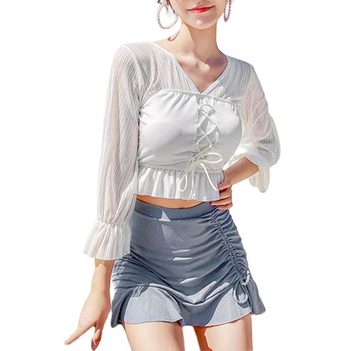 [EnagmourCheripo]レース水着2点セットレディース透けバックレス胸パッド付きフリルミニスカートショートスカートビキニ長袖フレアストレッチビーチウェア学生海プール温泉水陸両用体型カ…