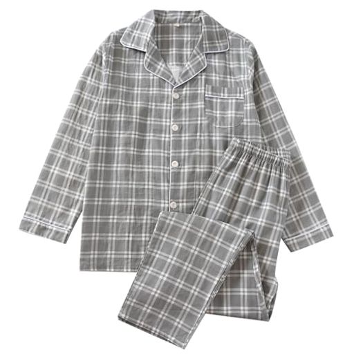 [SETOM]パジャマメンズ綿100%ガーゼ長袖ルームウェア上下セットゆったり柔らか吸汗通気快適シンプル肌に優しい軽量入院着部屋着寝間着春夏秋(JPアルファベットMグレー)