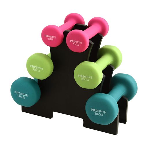 PROIRONダンベルセット1kg2kg3kg「2個セット」ダンベルラック付エクササイズネオプレンゴムコーティング筋力トレーニング筋トレシェイプアップ鉄アレイ鉄アレー