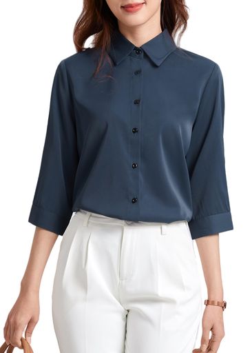 [Enmain]ブラウスレディースシャツ七分袖ネイビーシフォンワイシャツオフィスノーアイロンきれいめかわいいカジュアルおしゃれ通勤101S