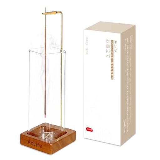 AdLifeお香立て灰がこぼれない吊り下げ式線香立て香炉ガラス真鍮木製台座おしゃれ可愛いインテリア香道仏壇寝室書斎玄関ヨガ瞑想贈り物に(方形)