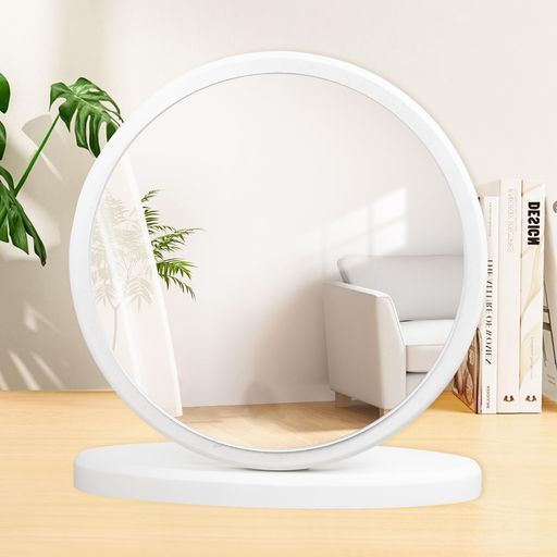 Homirio木製卓上ミラー化粧鏡クリアな映りメイクミラーウッドスタンドミラー木目調90度調整可能おしゃれデザイン(ホワイト円形)