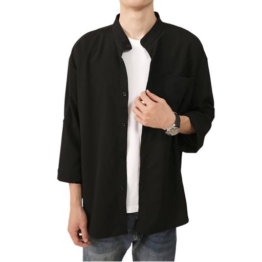 [PAFHL]シャツメンズ七分袖夏服通気性吸汗速乾汗染み防止快適な軽い柔らかいかっこいいワイシャツカジュアルシンプルオシャレ立ち襟春夏(ブラック、3XL)