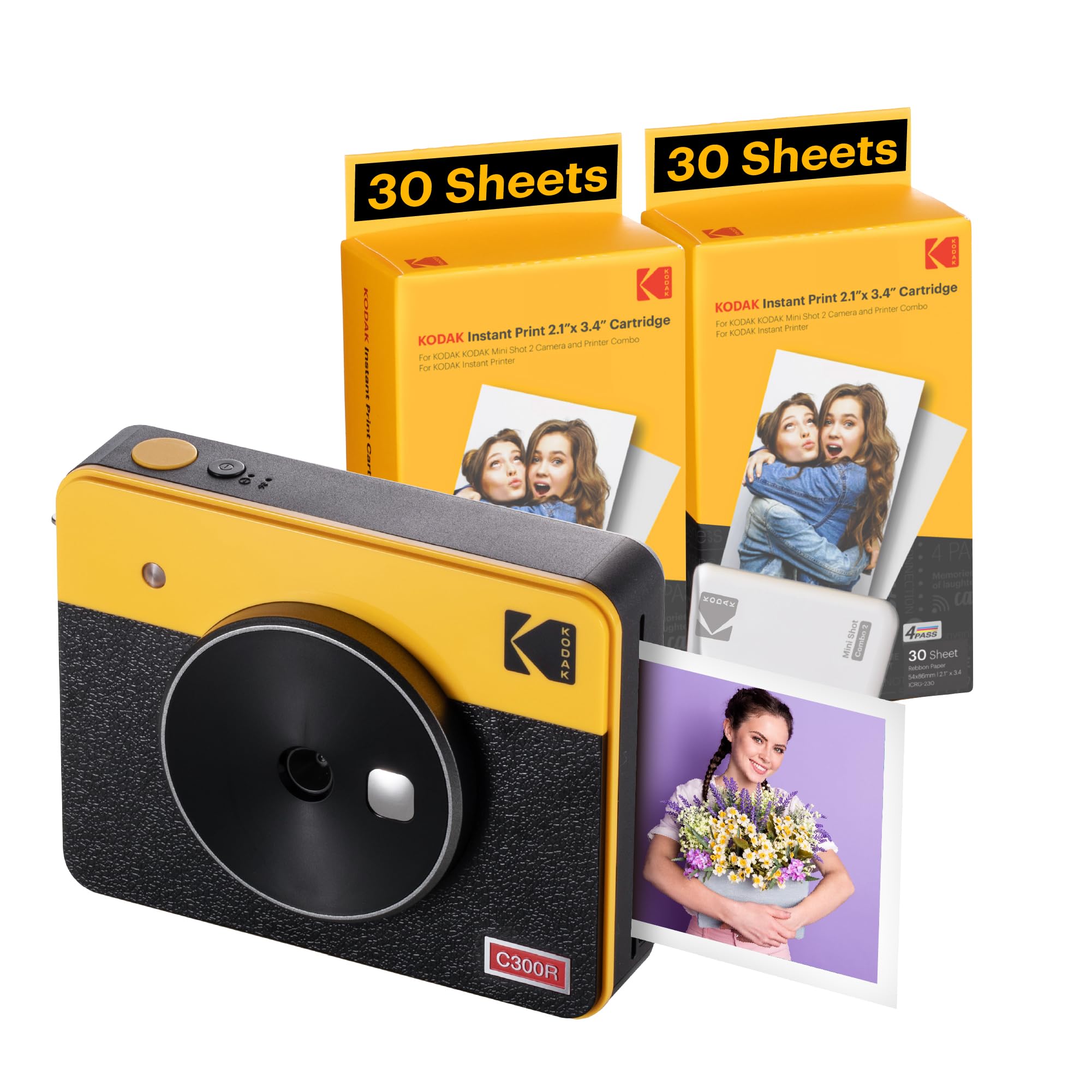 コダック KODAK Mini Shot 3 Retro 4PASS 2-in-1インスタントカメラ＆フォトプリンター(7.6cmx7.6cm)+68枚バンドル,イエロー