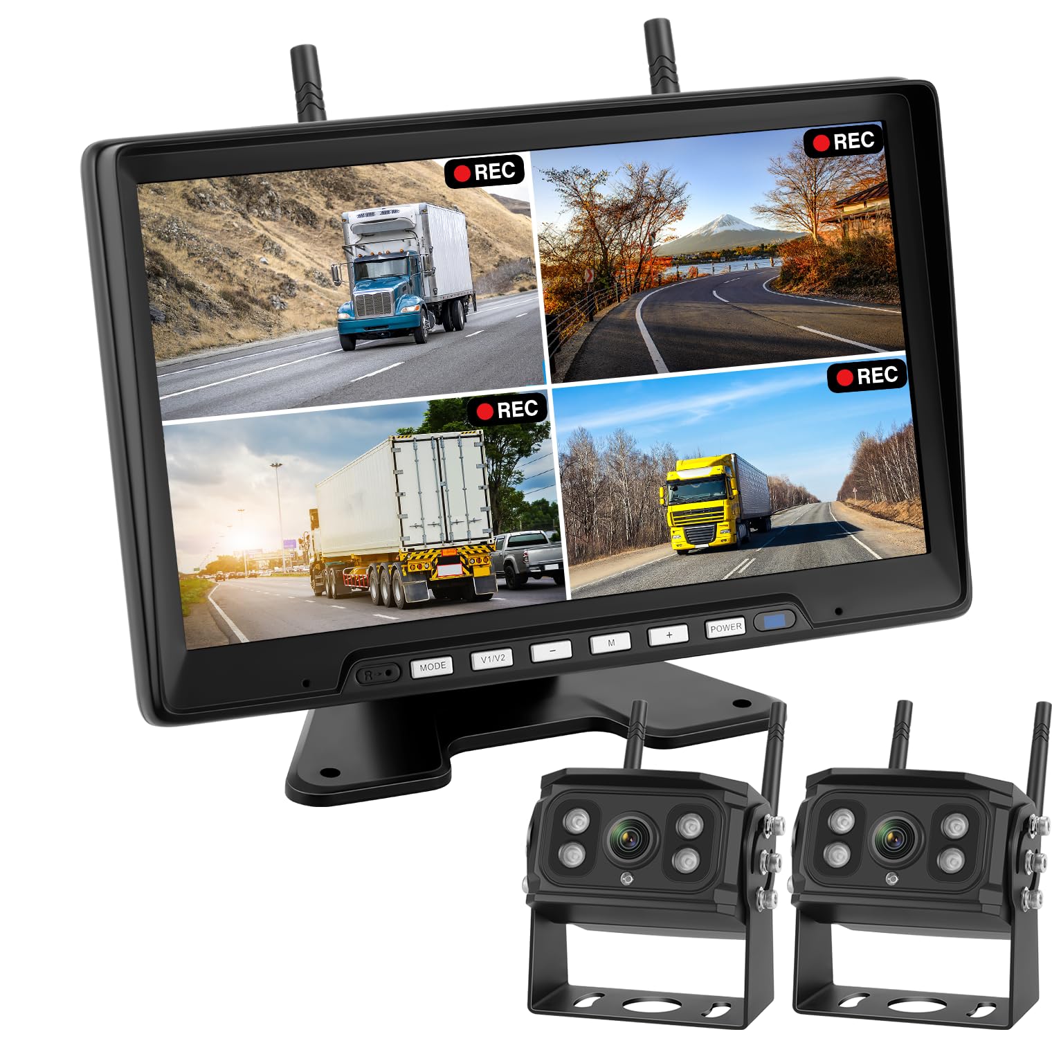 Hizenyo 1080P 録画機能付き ワイヤレスバックカメラモニターセット バックカメラ24v 10.1インチIPS液晶バックモニター カメラ2台付属 画面分割表示機能 デジタル信号 12Vから36Vまで対応 IP68防水 約150°広角 ガイド線ON/OFF 正像・鏡像を切り替え可能 2年間メーカー保証