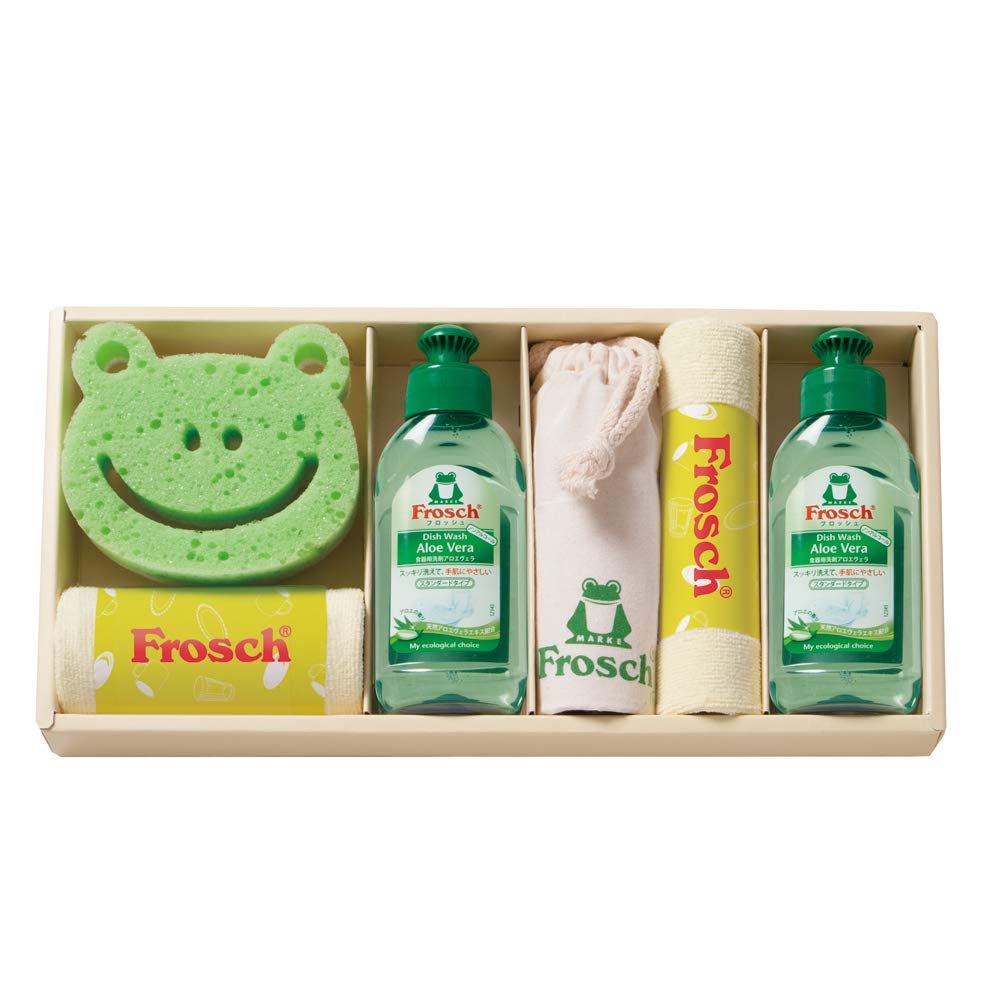 Frosch フロッシュ キッチン洗剤 ギフト セット グリーン フロッシュミニ(オーストリア)(100ml)・マイクロファイバークロス(中国)(25×25cm)×各2、巾着(中国)(17.5×26cm)・スポンジ(中国)×各1 FRS-G25