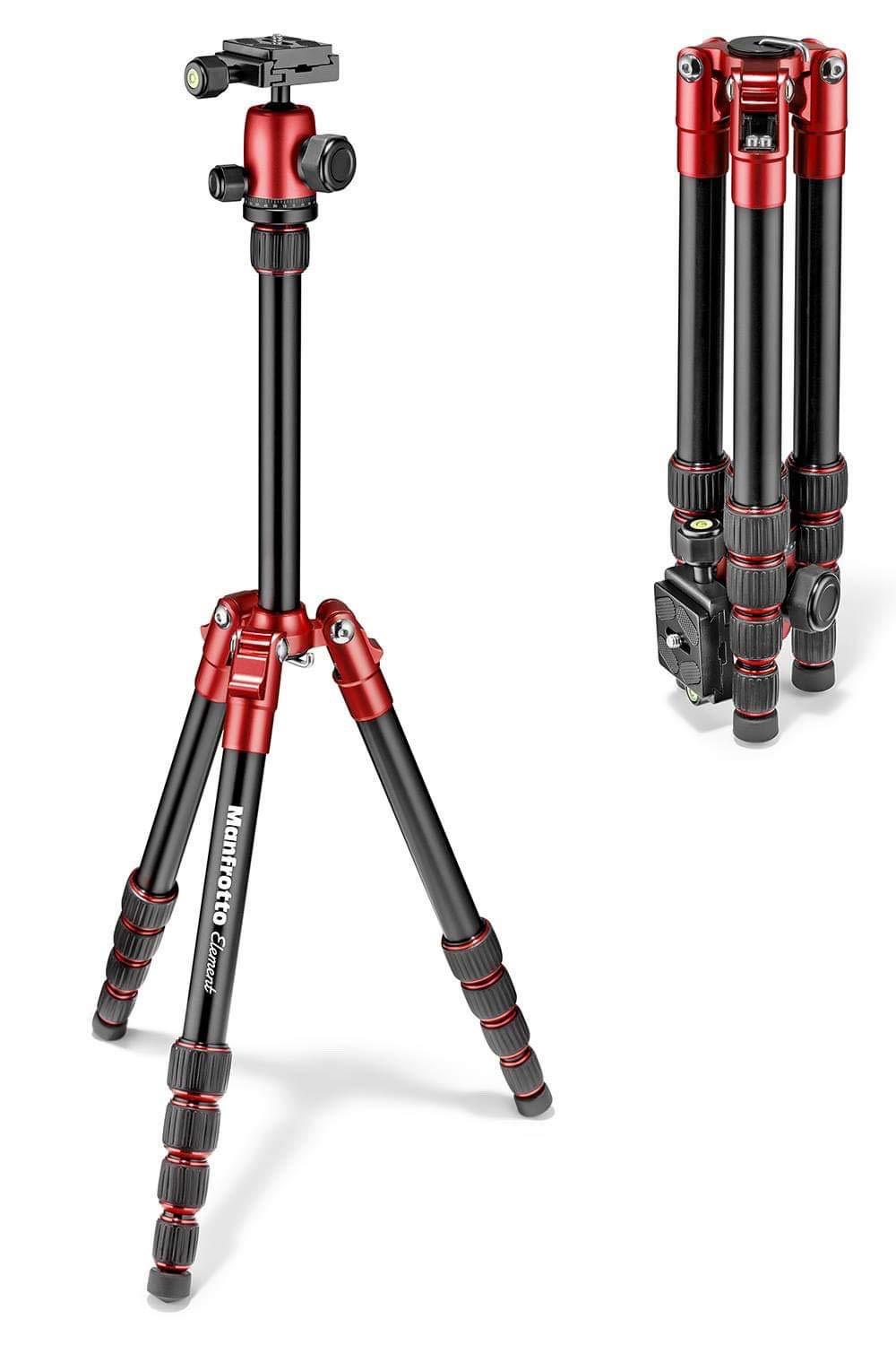 Manfrotto Element トラベル三脚 スモール レッド アルミ 5段 MKELES5RD-BH 耐荷重4kg 最高143cm 軽量1.15kg コンパクト32cm ケース付 ミラーレス一眼 旅行 ブイログ用