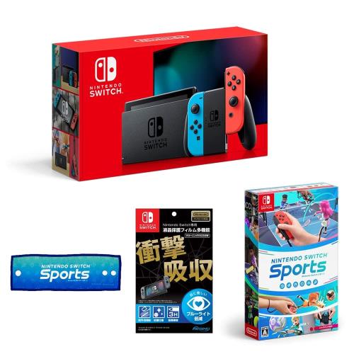 Nintendo Switch 本体 (ニンテンドースイッチ) Joy-Con(L) ネオンブルー/(R) ネオンレッド+任天堂ライセンス商品Nintendo Switch専用液晶保護フィルム 多機能+Nintendo Switch Sports(ニンテンドースイッチスポーツ) -Switch (オリジナルパッチンリストバンド 同梱)