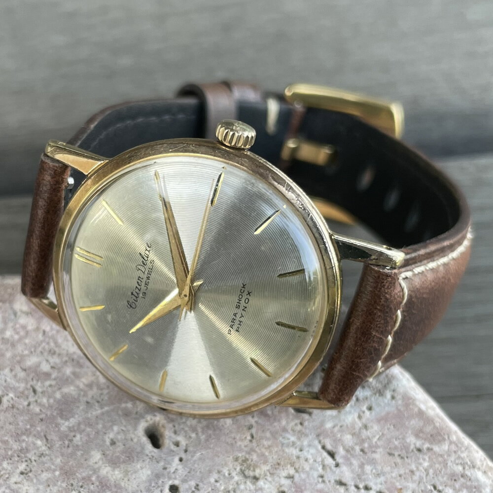 【中古品】【OH済み】CITIZEN/シチズン Deluxe/デラックス 19石 間接中三針式 機械式 手巻き時計 1960年製造 動作確認済み クリーニング/ケース/風防磨き済み アンティークウォッチ 中三針 イタリアンレザーベルト付き