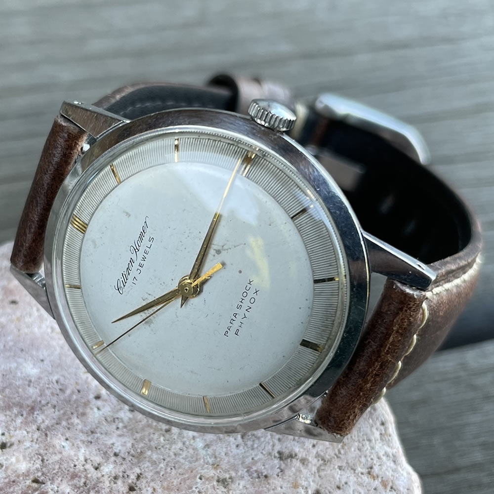 【中古品】【OH済み】CITIZEN/シチズン HOMER/ホーマー 17石 機械式 手巻き時計 1960年製造 動作確認済み クリーニング/ケース/風防磨き済み アンティークウォッチ 中三針 イタリアンレザーベルト付き 国産腕時計