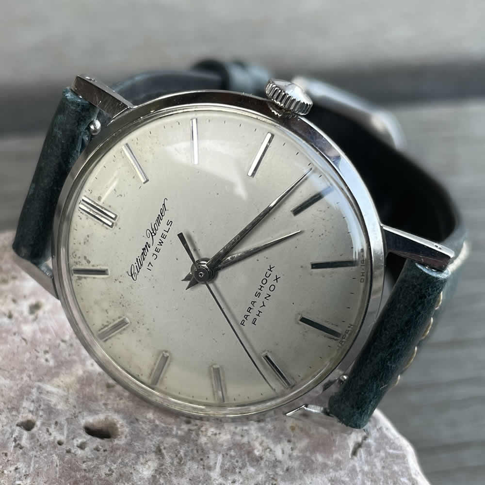 【中古品】【OH済み】CITIZEN/シチズン HOMER/ホーマー 17石 機械式 手巻き時計 デイト表示　1966年製造 動作確認済み クリーニング/ケース/風防磨き済み アンティークウォッチ 中三針 イタリアンレザーベルト付き メンズウィッチ 腕時計