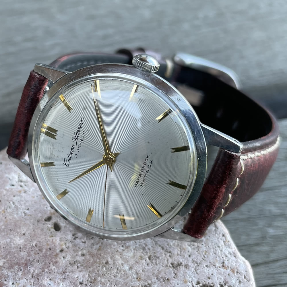 【中古品】【OH済み】CITIZEN/シチズン HOMER/ホーマー 17石 機械式 手巻き時計 デイト表示　1960年製造 動作確認済み ケースクリーニング/風防新品交換 アンティークウォッチ 中三針 イタリアンレザーベルト付き メンズウィッチ 腕時計