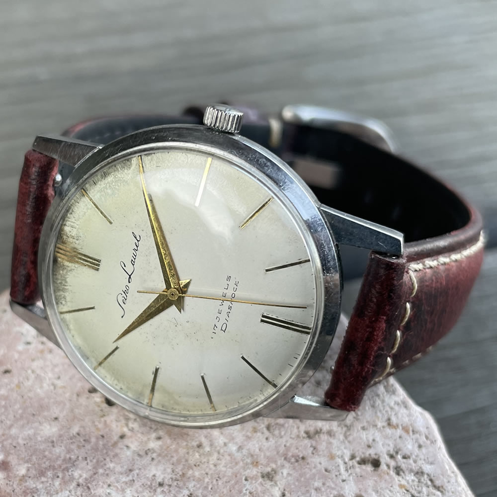 【中古品/美品】【OH済み】SEIKO/セイコー Laurel/ローレル J14022 機械式 手巻き時計 デイト付き 1959年5月製造 ケースクリーニング/風防新品交換 アンティークウォッチ 中三針 イタリアンレザーベルト付き