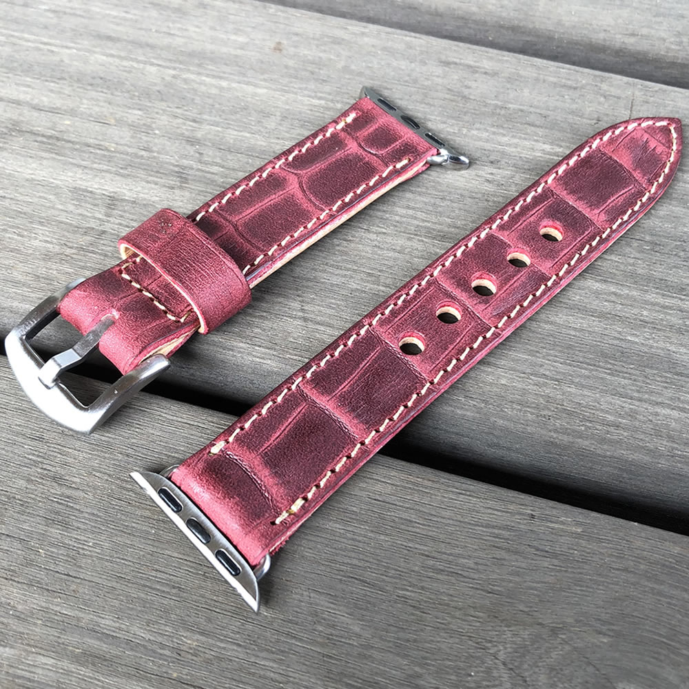 Apple Watch/アップルウォッチ専用 レザー替えベルト 日本製 ハンドメイド型押しクロコ＆生成りのイタリアンレザー ヌメ革 レザーベルト ステンレスバックル＆専用アダプター付き AW-VICRO LEVEL7