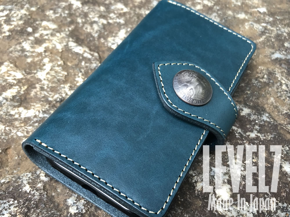 iPhone11 iPhone11Pro iPhoneXR iPhoneXS iPhone8 iPhone7 iPhone6/6S用 iPhoneX 手帳型 iPhone ケース 本革 オイルスムースレザー ヌメ革 北米原皮 国産 姫路レザー ブルー ハンドメイド 日本製 LEVEL7