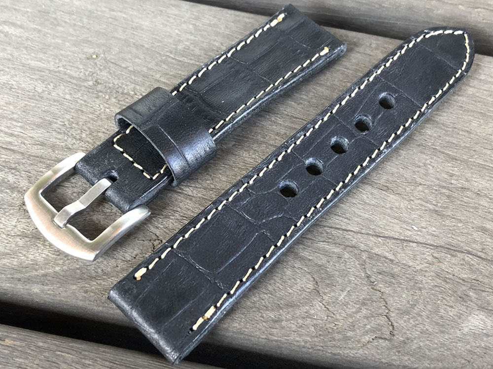 バックル幅/ラグ幅（16-18mm/18-20mm/20-22mm/22-24mm）日本製 ハンドメイド パネライ スタイル 型押しクロコダイル ヴィンテージオイル仕上げ＆生成り イタリアンレザー ヌメ革/レザーベルト バックル付き 腕時計 替えベルト SP-H003VI-BK