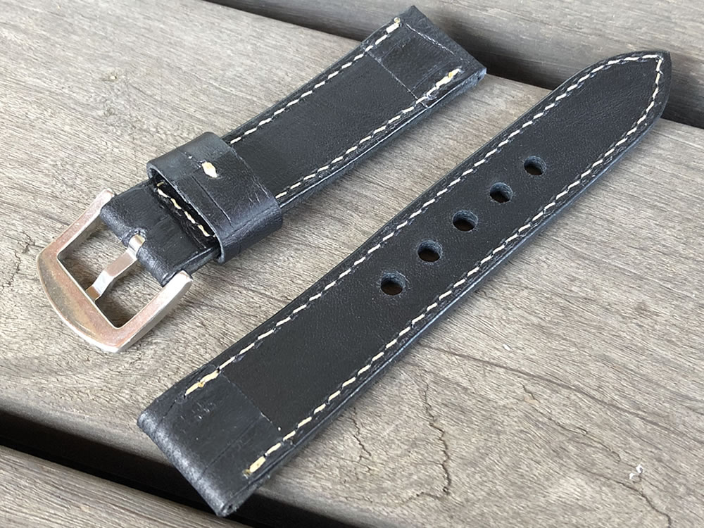バックル幅/ラグ幅（16-18mm/18-20mm/20-22mm/22-24mm）日本製 ハンドメイド パネライ スタイル 型押しクロコダイル ヴィンテージオイル仕上げ＆生成り イタリアンレザー ヌメ革/レザーベルト バックル付き 腕時計 替えベルト SP-H003VI-BK