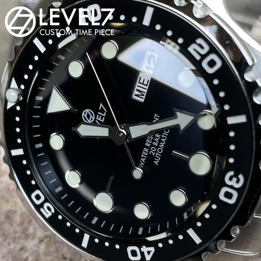 日本製 ハンドメイドの腕時計 20気圧防水 ブルーARコーティング サファイアダブルドーム風防 機械式/自動巻き SEIKO NH36 ムーブメント搭載 316Lステンレス ルミナスC1蓄光 ダイバーズウォッチ 316ステンレスベルト メンズウォッチ 0073G201-FLC1 LEVEL7