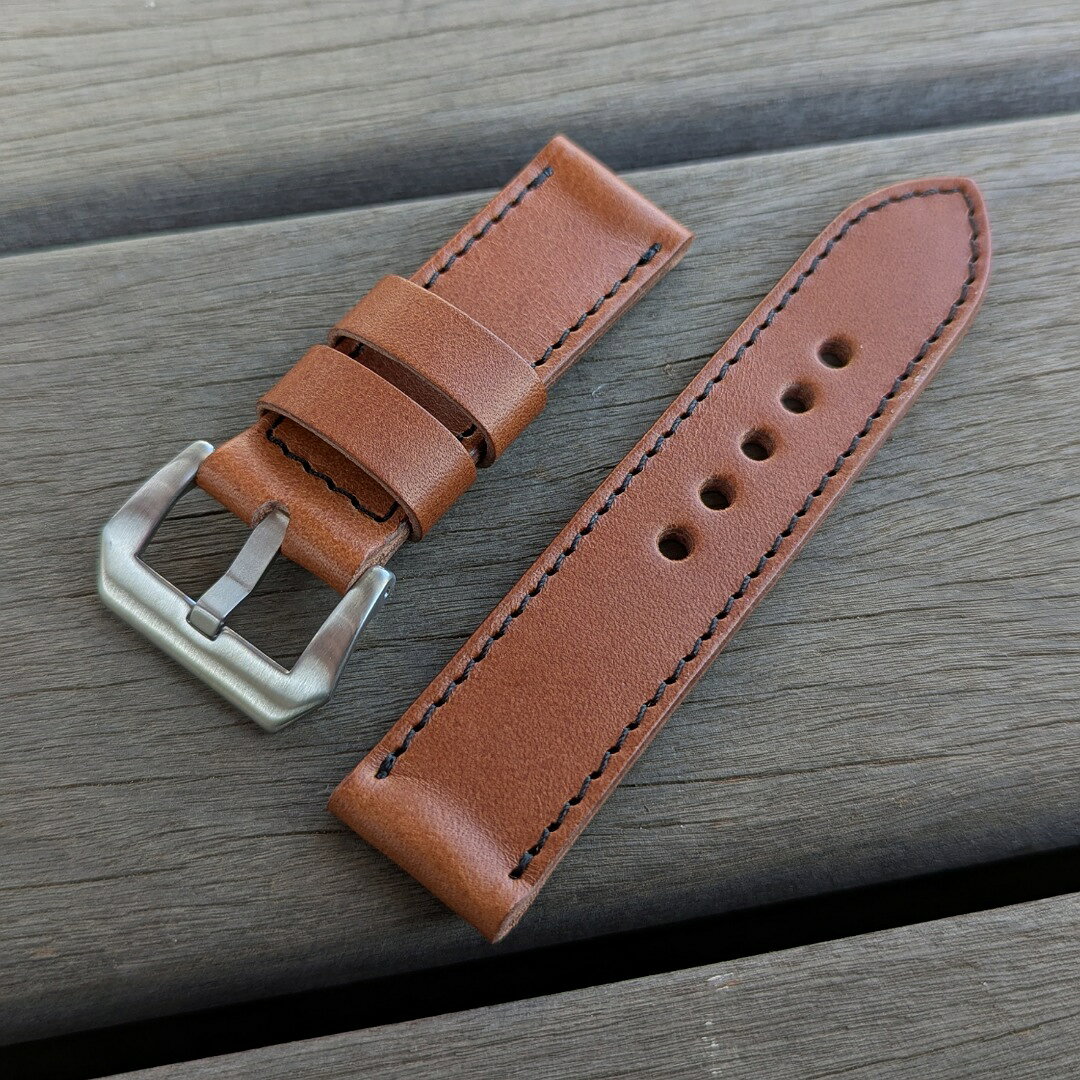 日本製 ハンドメイド パネライ スタイル オイル染料仕上げ スムース ヌメ革/レザーベルト ブラウン ブラックステッチ 腕時計 替えベルト LEVEL7【受注生産品】