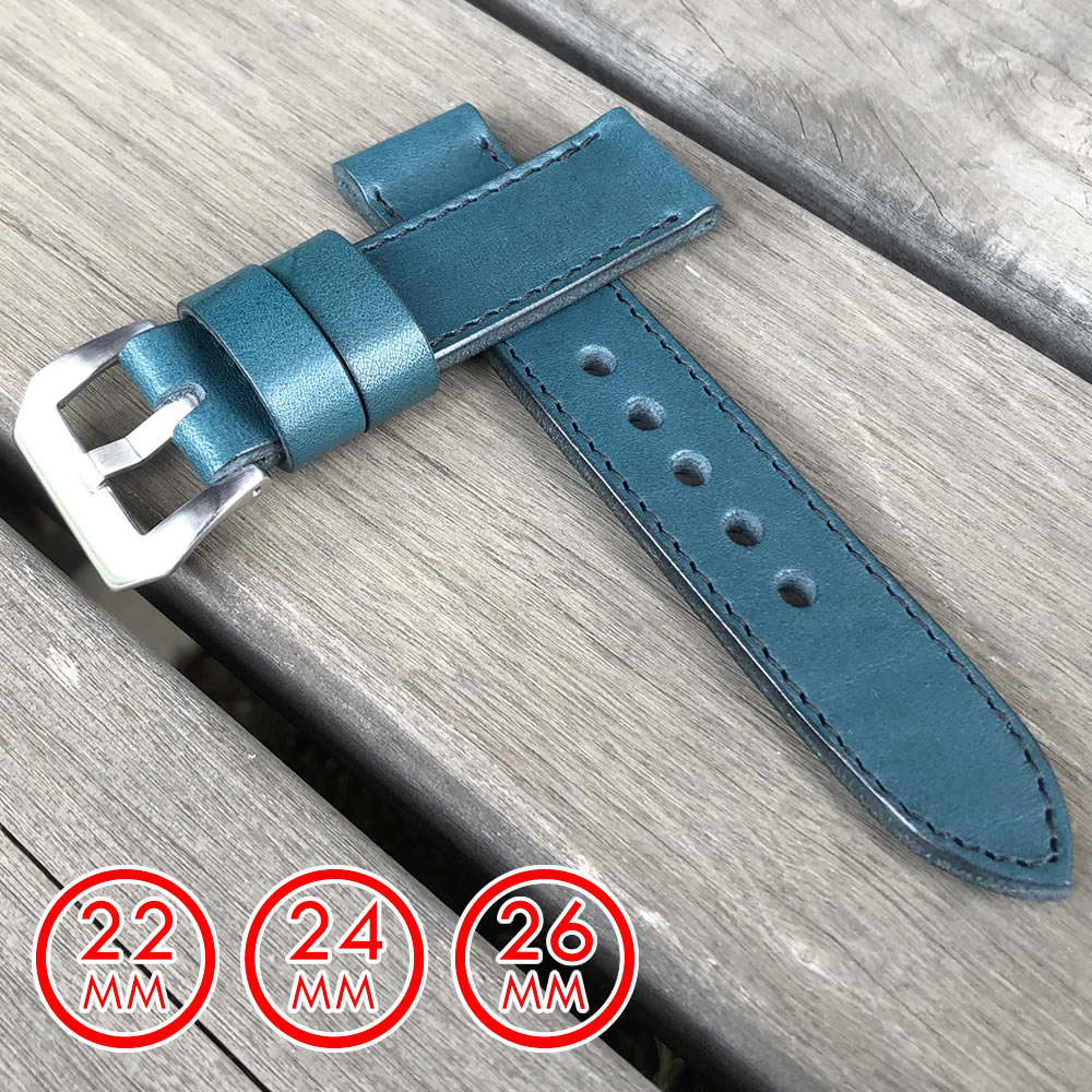日本製 ハンドメイド パネライ スタイル オイル染料仕上げ スムース ヌメ革/レザーベルト ブルー ブラックステッチ バックル付き 腕時計 替えベルト SP-H002C6-BLBK LEVEL7【受注生産品】