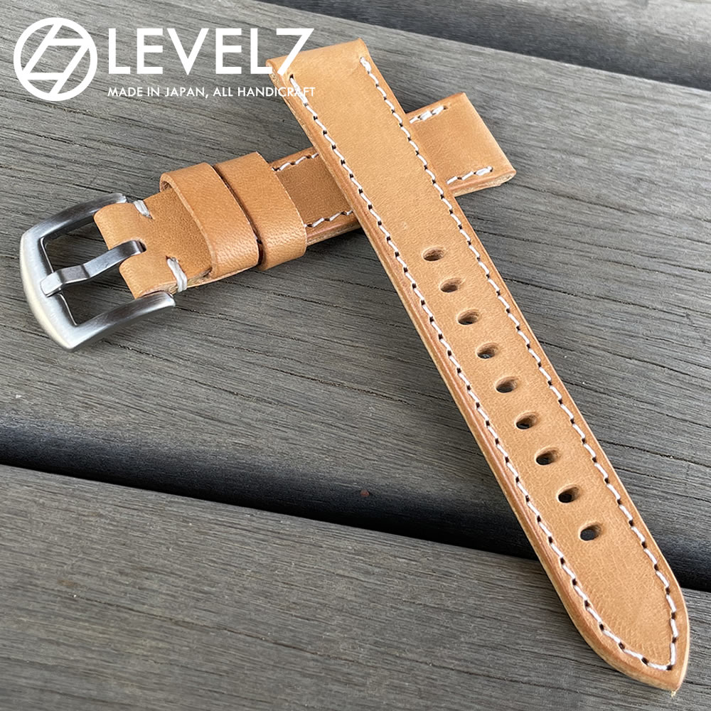 バックル幅/ラグ幅(16-18mm/18-20mm/20-22mm/22-24mm)日本製 ハンドメイド イタリア トスカーナ地方のアッズーラ社 バケッタオイルレザー使用 生成りのナチュラル ヌメ革/レザーベルト ホワイトステッチ バックル付き 腕時計 替えベルト SP-H007OIL