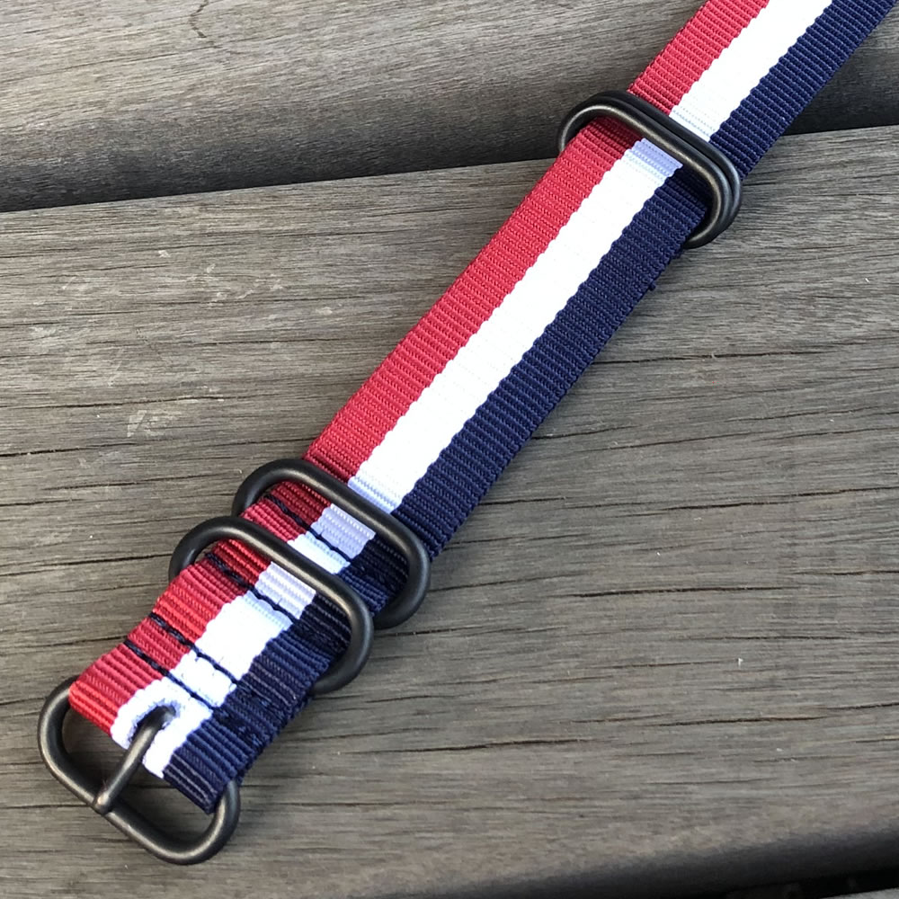 【20MM】【22MM】【24MM】【ZULU／NATOベルト】 T2N Strap（T2Nストラップ）CHZ-5POR 5RING PVD プレミアムナイロン レギュラーサイズ ストラップバンド トリコロール/ブルー、ホワイト、レッド 替えベルト ミリタリー 腕時計用