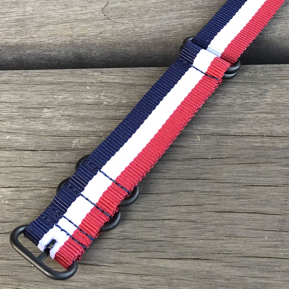【20MM】【22MM】【24MM】【ZULU／NATOベルト】 T2N Strap（T2Nストラップ）CHZ-5POR 5RING PVD プレミアムナイロン レギュラーサイズ ストラップバンド トリコロール/ブルー、ホワイト、レッド 替えベルト ミリタリー 腕時計用