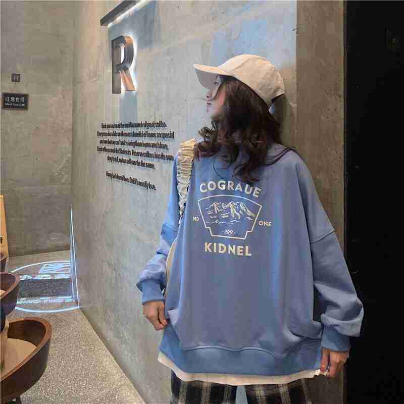トップス トレーナー 長袖 ビックシルエット 大きめサイズ 重ね着風 セーター ハイネック ワイド M L XL 大きいサイズ ブルー ホワイト ブラック 10代 20代 30代 プリント カジュアル 大人カジュアル 大人可愛い スポーティー マニッシュ シンプル 体系カバー ラフ 送料無料