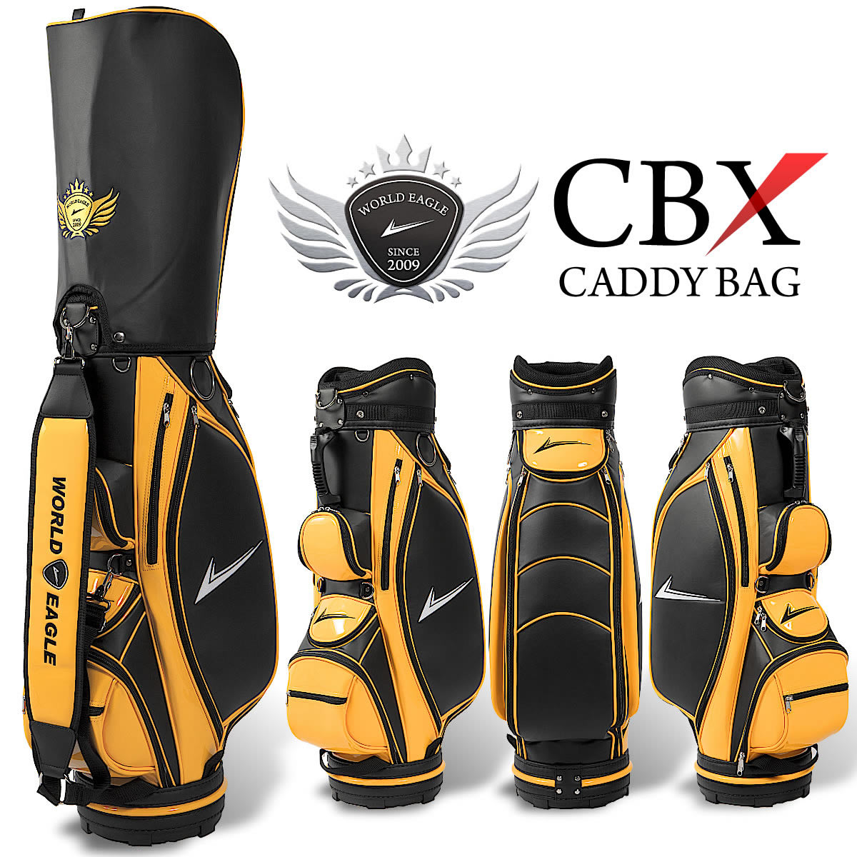 ワールドイーグル ゴルフバッグ CBX007 ブラック・サンオレンジ　キャディバッグ　フェイクレザー仕上げ　普段使いに最適なサイズ感に主張しすぎないデザイン　カートバッグ　メンズ