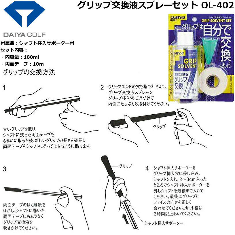 自分でグリップ交換するためのスプレーセット。 パター、アイアン、ドライバーなど手軽にグリップ交換できます。 付属品：シャフト挿入サポーター付 セット内容： ・内容量：180ml ・両面テープ：10m メーカー希望小売価格はメーカーカタログに基づいて掲載しています ※ クリックでカタログをご確認頂けます。自分でグリップ交換するためのスプレーセット。 パター、アイアン、ドライバーなど手軽にグリップ交換できます。 付属品：シャフト挿入サポーター付 セット内容： ・内容量：180ml ・両面テープ：10m