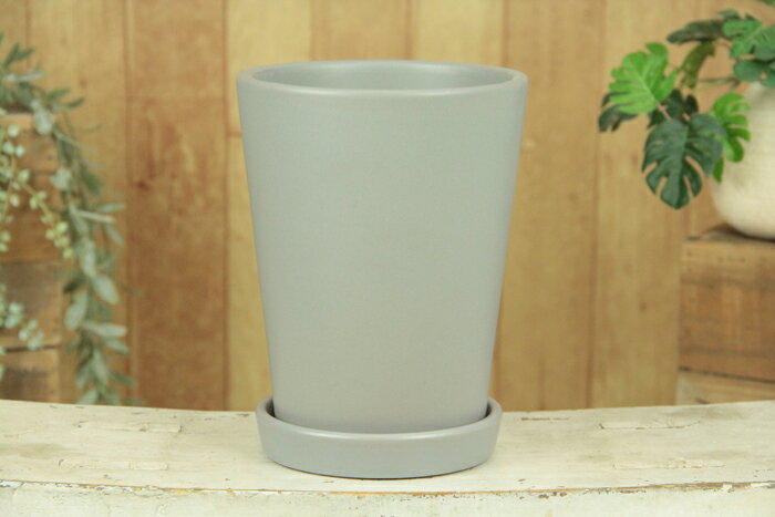 おしゃれ 植木鉢 TS 丸型 陶器鉢 グレー 14cm〔受皿付/つや無〕