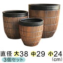 【大中小セットでお買い得】 縦すじ模様付 丸深型 植木鉢 黒茶系 〔大中小3個セット〕 [of20]