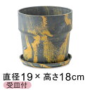おしゃれ 植木鉢 ウッドストーンプラポット 19.5cm 6号 受皿付 セサミ・レモン 2色マーブル