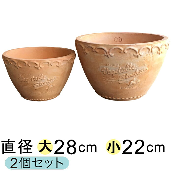 訳あり おしゃれ 模様入り 植木鉢 丸 浅型 HM白粉 素焼き鉢 テラコッタ 大小2個セット [of20]