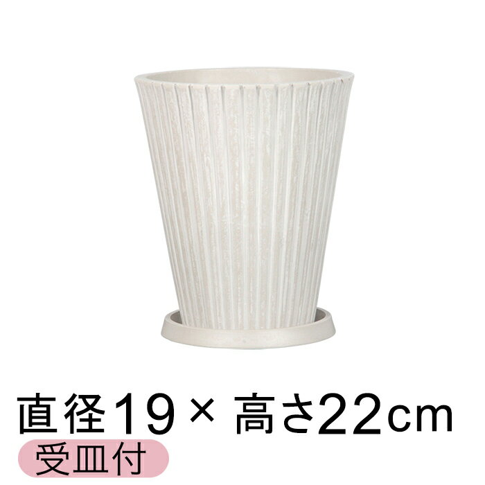 合成樹脂 受皿付 植木鉢 丸 ストライプ 19cm 4リットル ホワイト系 しっかり 厚み