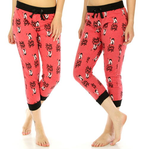 ベティー（ベティ）ブープ　ジョガーパンツピンク（赤）地　総柄　片足上げベティー薄手　クロップド　パンツ(7分丈）ジョガーパンツ　リラックスパンツ お部屋着やパジャマにも