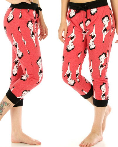 ベティー（ベティ）ブープ　ジョガーパンツピンク（赤）地　総柄　ベティー立ってる姿薄手　クロップド　パンツ(7分丈）ジョガーパンツ　リラックスパンツ お部屋着やパジャマにも