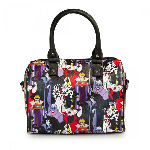 ディズニー　ヴィランズDisney villans　Print Pebble Crossbody Duffleダッフルバッグ　ボストンバッグ斜め掛けバッグ　取り外しOKな肩紐つきloungefly ラウンジフライマレフィセント エヴィルクイーンアースラ クルエラ　デ　ビル赤の女王