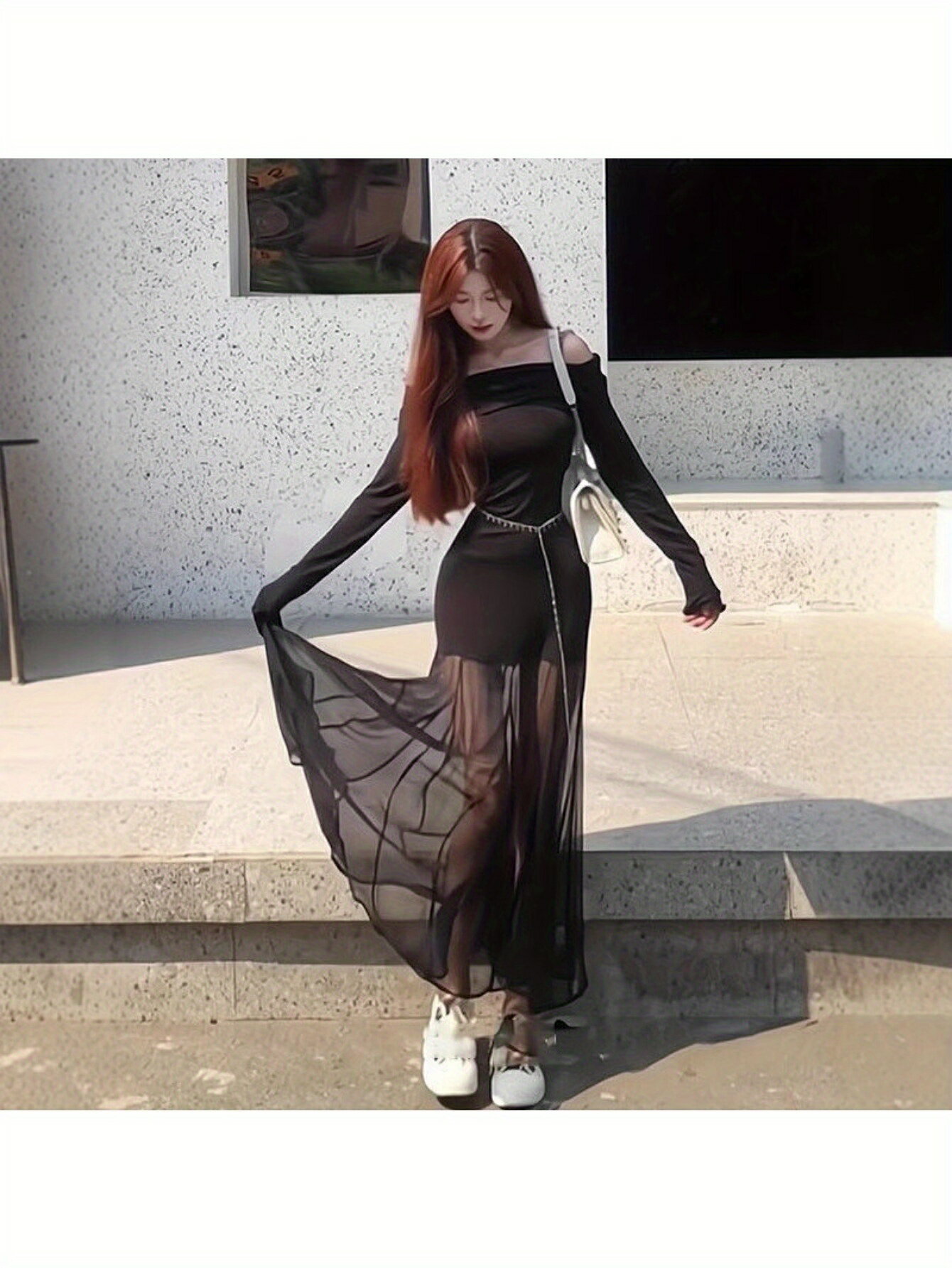 レディースワンピース パーティ 魅惑的 フランス オフショルダー メッシュ 長袖 ドレス レディース 秋 ブラック ロイヤル レディ スリム ヒップ カバー ロング スカート