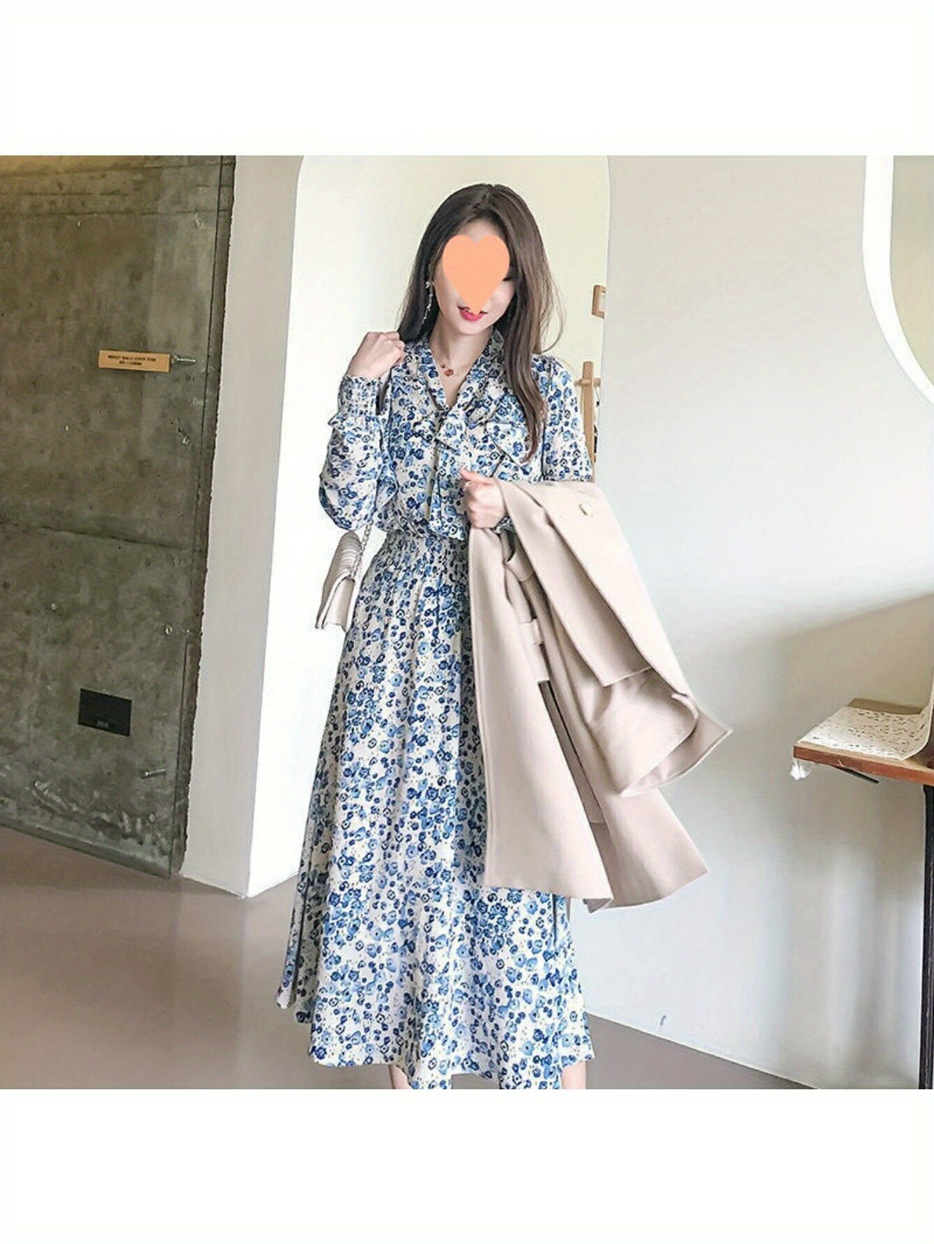 レディース フレンチ ハイエンド ブルー ドレス ウエスト スリム フェアリー 花柄 ロング スカート春 コーデ ファッション オシャレ カワイイ シンプル きれいめ ナチュラル 上品カジュアル 婦人服 夏