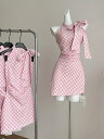 レディース ファッション オシャレ チェック柄ドレス フランス ピンク ホルターネック ノースリーブドレス 夏 ショート スカート カワイイ 女性用 シンプル 大人カワイイ 大婦人服(4)